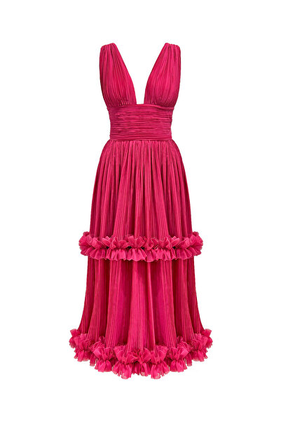 TARA COŞKUNTUNCEL Lotus Fuşya Piliseli Şifon Fırfırlı Elbise