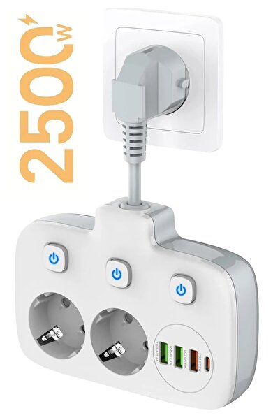Heaven House 3Lü Priz Çoklu Priz | USB Li Priz| USB Priz | USB Uzatma Kablosu | 3 Lü Priz USB Li 1 Type C 4 Usb