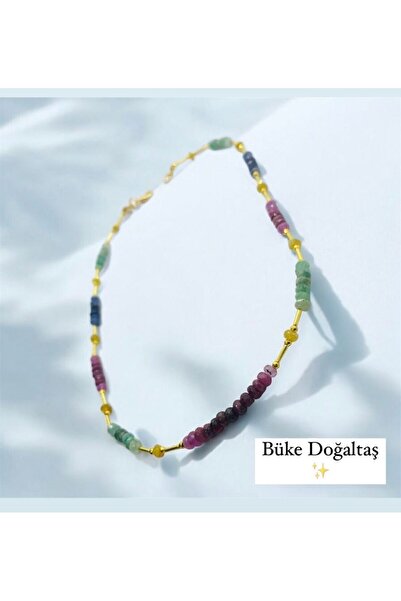 Büke Doğaltaş Tasarım Tam Değerli Taş Kolye (zümrüt Safir Yakut Sarı Topaz )