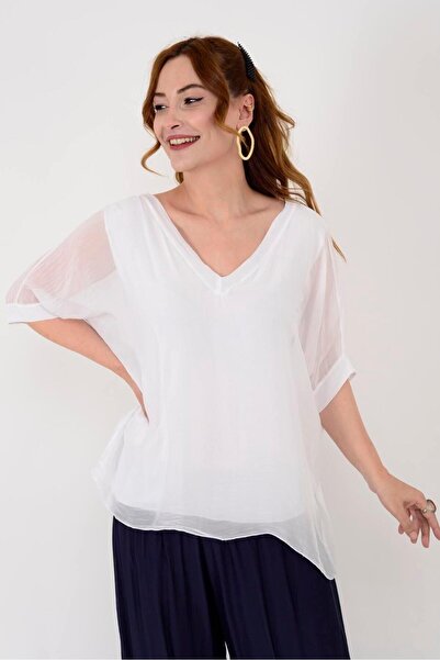 Park Moda 2967 DÜZ DESEN V YAKA İPEK BLUZ