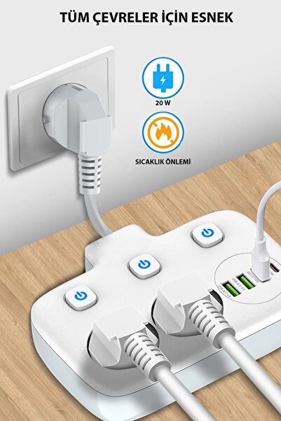 Heaven House 3Lü Priz Çoklu Priz | USB Li Priz| USB Priz | USB Uzatma Kablosu | 3 Lü Priz USB Li 1 Type C 4 Usb