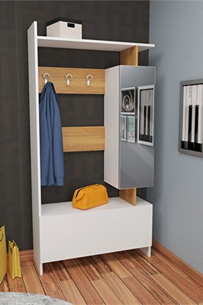 Decorotika Tovel Portmanto Beyaz Teak Aynalı