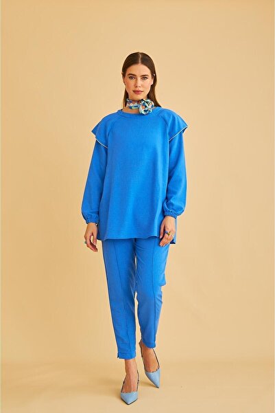 Basicpark Eles Shoulder Stoned Sleeves Gathered Linen Blue Tunic Trousers Set