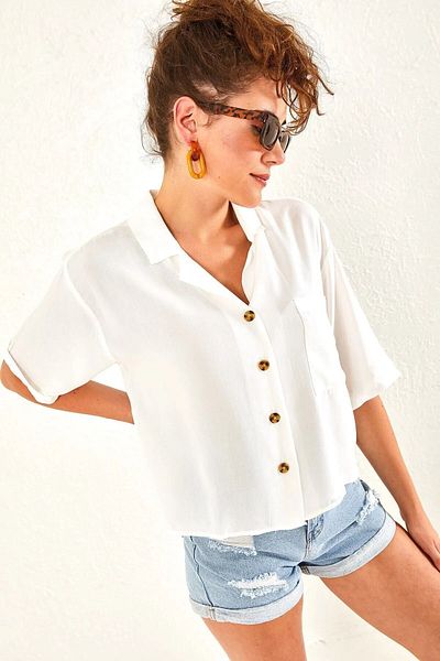 Ladyone Cămașă Crop din Viscoză pentru Damă - Mânecă Scurtă