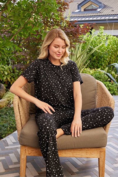 PİJAMOOD BlacK Star Patterned Cotton Women's Pajama Set - Short Sleeve