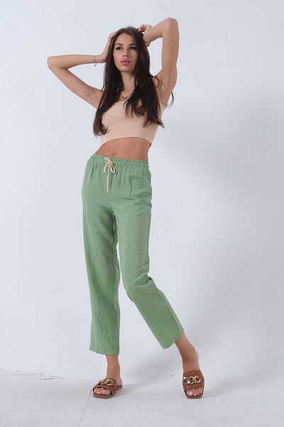 Feminist Green Linen Trousers - Waistband and Elastic0803447