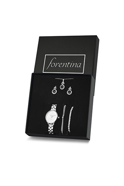 Forentina Gümüş Kaplama Siyah Taşlı Kolye Küpe Bileklik Saat Hediye Set - Ps3...
