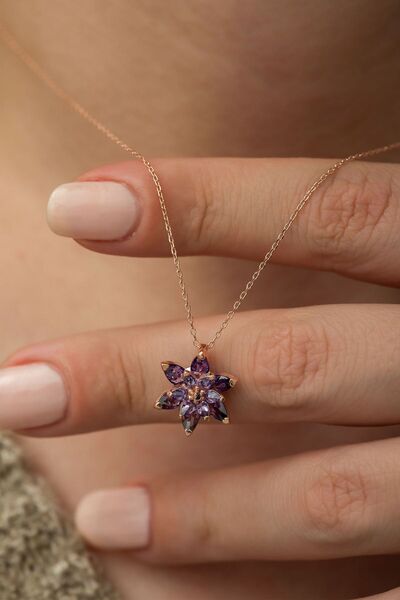 Ervanur 925 Ayar Gümüş Mor Taşlı Lotus Çiçeği Kadın Kolye