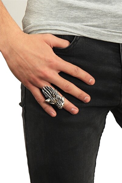 LABALABA Erkek Antik Gümüş Kaplama Oynar Başlı Ayarlanabilir Kurt Yüzük