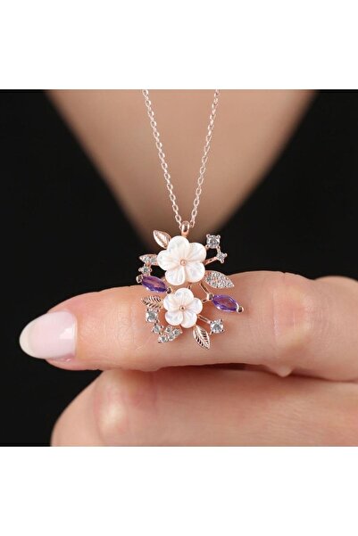 Mia Vento Manolya Çiçeği Ametist Taşlı Bahar Senfonisi Rose Renk Flowers Gümü...