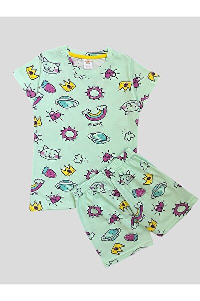 elmas kids Κοριτσίστικο 100% βαμβακερό πράσινο σετ καλοκαιρινής πιτζάμες με κ...