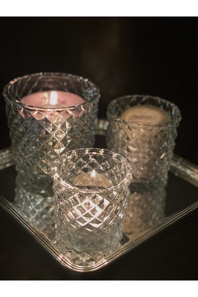 Genel Markalar Şeffaf Kristal Kesme Cam 3’lü Mumluk Takımı, şıklık ve zarafet...