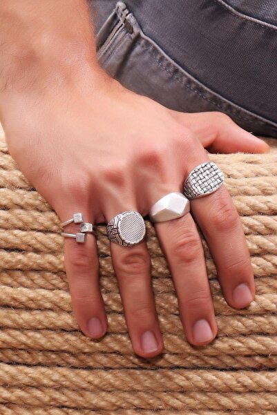 LABALABA Erkek Antik Gümüş Kaplama Ayarlanabilir Geometrik Formlu 4'lü Yüzük Seti