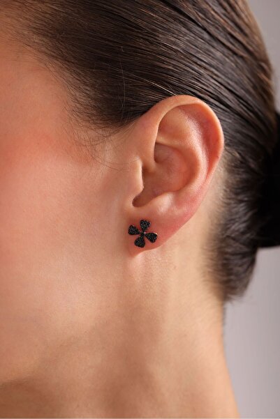 Nereze 925 Ayar Gümüş Rose Kaplama Siyah Taşlı 4 Yapraklı Yonca Küpe