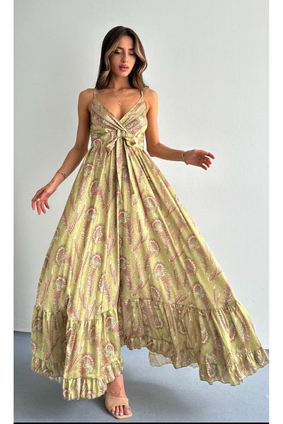 laughs Satin V-Neck Long Dress - Stylish Maxi with Straps, Tie Detail and Flounce Pattern