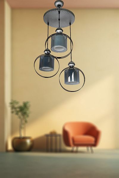 VENON LIGHTING HiVDA - 3-Piece Pendant Lamp, Double Glass, Black Silver Chandelier