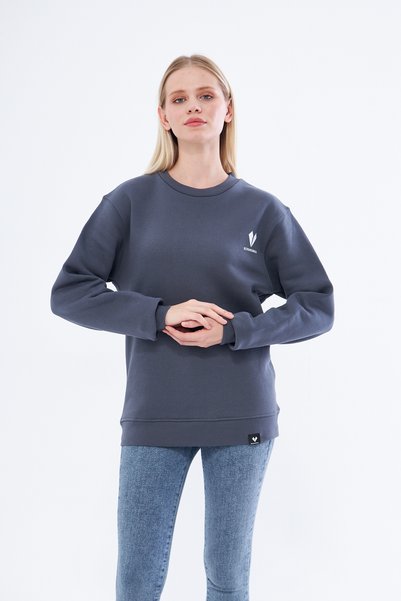 Moda Işık Sweatshirt Kadın Baskılı Antrasit Renk Bisiklet Yaka