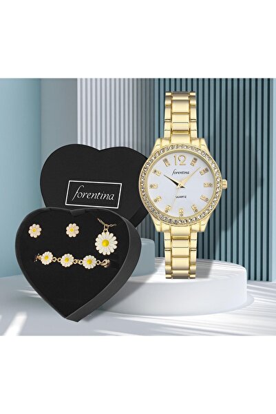 Forentina Kadın Sarı Metal Kol Saati - Papatya Takı Seti Hediye Set - Ps288800tr