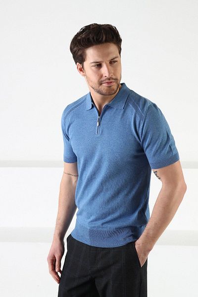 Ferraro A.airman Tricou tricotat pentru bărbați, guler polo cu fermoar, bumbac 100%.