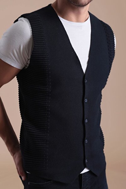 Ferraro Erkek Lacivert   Düğmeli Pamuk Triko Yelek