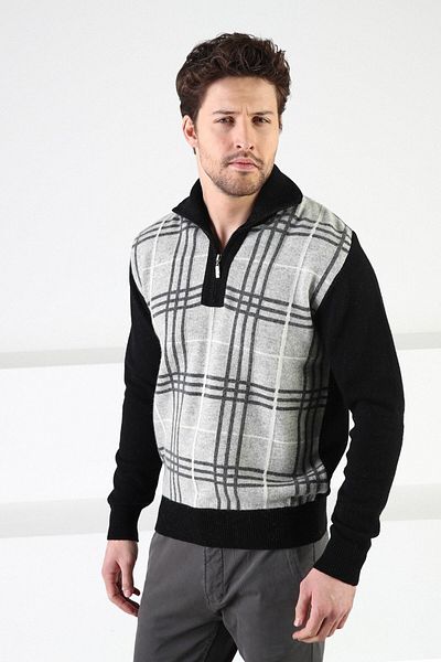 Ferraro Pulover pentru bărbați cu guler negru cu fermoar, 100% lână de miel