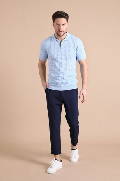 Ferraro Tricou pentru bărbați, 100% bumbac, cu fermoar, cu guler polo albastru
