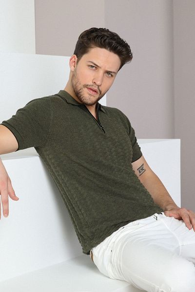 Ferraro Ανδρικό πλεκτό μπλουζάκι Khaki Polo με φερμουάρ 100% βαμβάκι