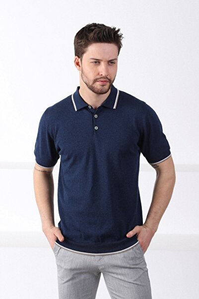 Ferraro A.navy/white Collar Stripe Buttoned 100% Cotton Men's Knitwear T-shirt