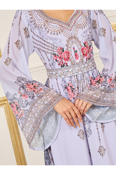 Maxim Creation By Styli Handwork Rhinestone Detail Digital Print Belted Jalabiya