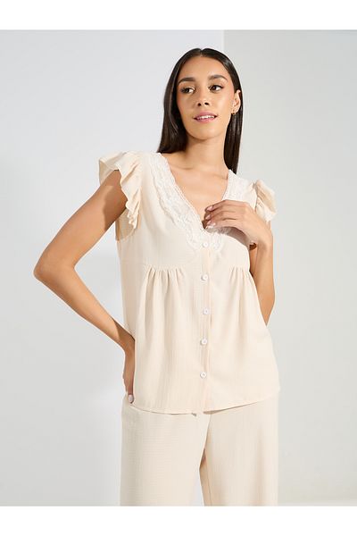 Styli Textured Lace Trim Ruffle Sleeves Shirt & Pyjama Set