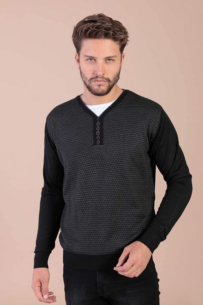 Ferraro Pulover negru din lână superfină cu decolteu în V pentru bărbați 3914 VP