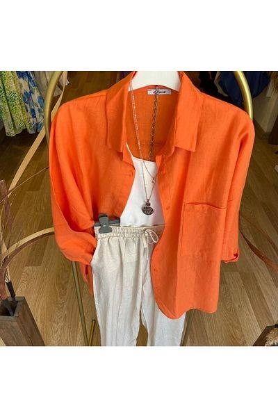 LARİSA COLLECTİON Cămașă oversize din in, cu o singură buzunar, Dark Truncu