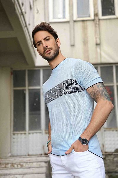 Ferraro Tricou pentru bărbați, cu gât perforat, 100% bumbac, tricotaj - albastru bleumarin