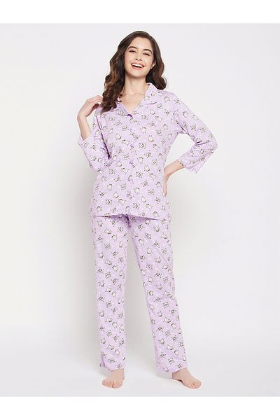 Clovia By Styli Cotton Sheep Print Button Down Shirt & Pyjama Set