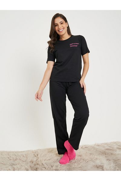 Styli Cotton Slogan Print T-Shirt & Pyjama Set