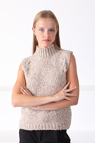 Ferraro Women's Beige Stand Collar Wool Knitwear Sweater