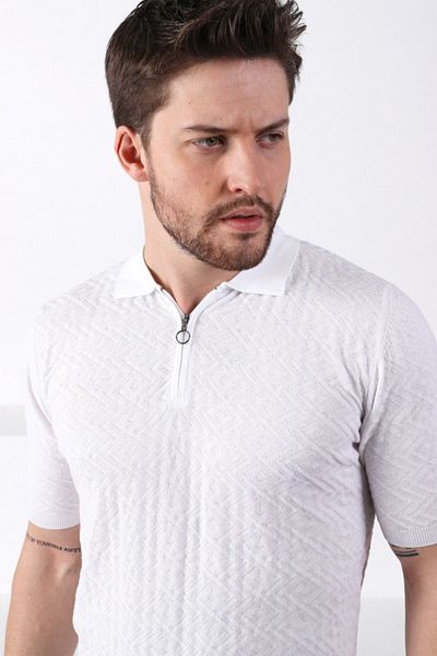 Ferraro Tricou alb pentru bărbați, 100% bumbac, cu fermoar, cu guler polo