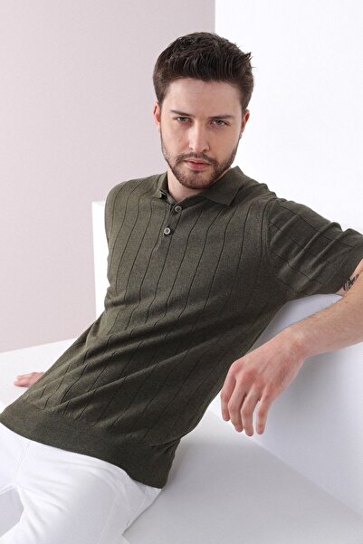 Ferraro Khaki Polo Collar Ribbed 100% Cotton Men's Knitwear T-shirt