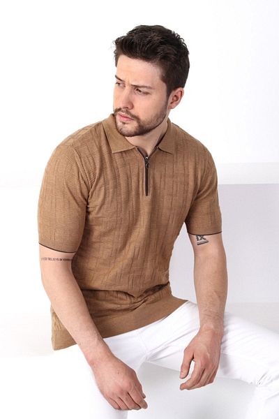 Ferraro Ανδρικό πλεκτό μπλουζάκι Camel Polo Collar με φερμουάρ 100% βαμβακερό