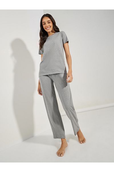 Styli Solid Cotton T-Shirt & Straight Pyjama Set