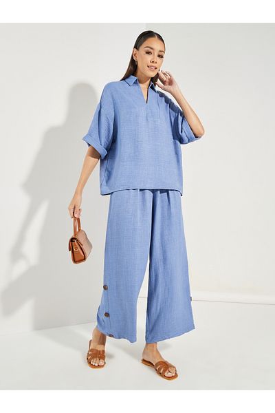 Styli Denim Look Top & Button Detail Pants Modest Set