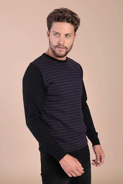 Ferraro Pulover negru din lână superfină pentru bărbați, cu gât crew, 3986