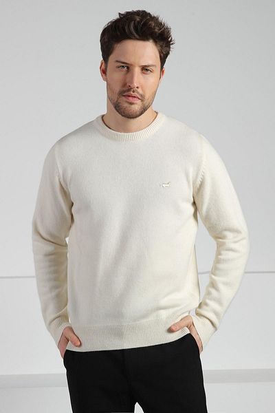 Ferraro Ανδρικό μακρυμάνικο πλεκτό πουλόβερ Ecru Crew Neck 100% Lamb Wool