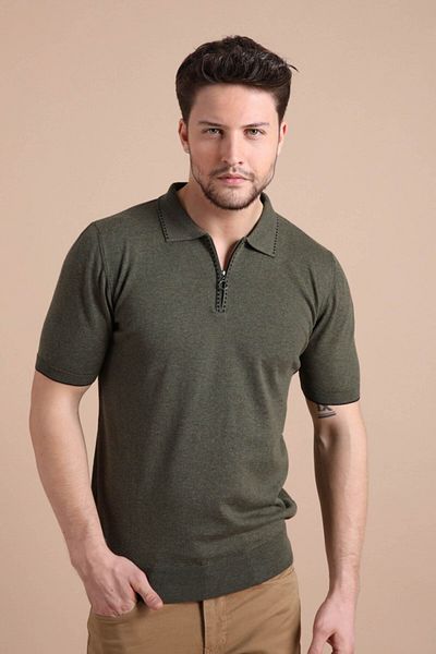 Ferraro Ανδρικό πλεκτό μπλουζάκι Khaki Polo με φερμουάρ 100% βαμβάκι