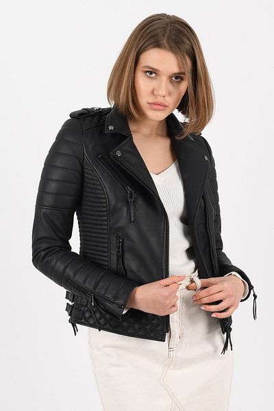 ALİN Venus Black Biker Leather Women's Coat - Genuine Leather