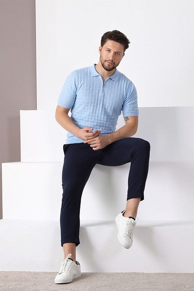Ferraro Tricou pentru bărbați, 100% bumbac, cu fermoar, cu guler polo albastru