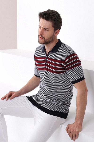 Ferraro Navy/burgundy Polo Collar Zippered 100% Cotton Men's Knitwear T-shirt