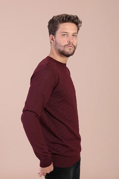 Ferraro Pulover de lână superfină pentru bărbați cu gât roșu - Roșu Claret 4059