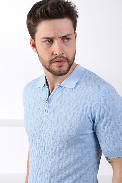Ferraro Tricou pentru bărbați, 100% bumbac, cu fermoar, cu guler polo albastru