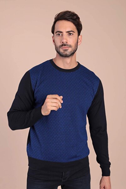 Ferraro Ανδρικό πουλόβερ από εξαιρετικά λεπτό μαλλί με λαιμόκοψη σε μπλε ναυτικό